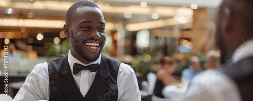 Man in waiter attire serving at upscale restaurant with joyful expression. Professional service and hospitality concept. photo