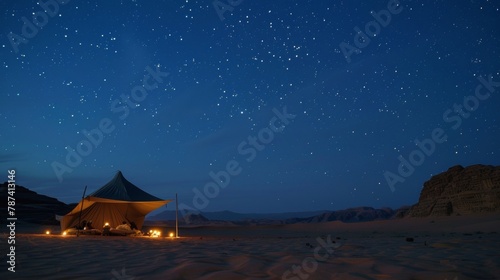 The tranquil stillness of the desert at night broken only by the occasional camels grunt provides a serene backdrop for a restful slumber. 2d flat cartoon. photo