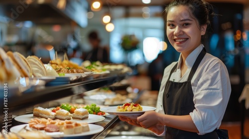Waitress presenting assorted dishes on a buffet. Professional service concept. Gastronomy and catering theme.