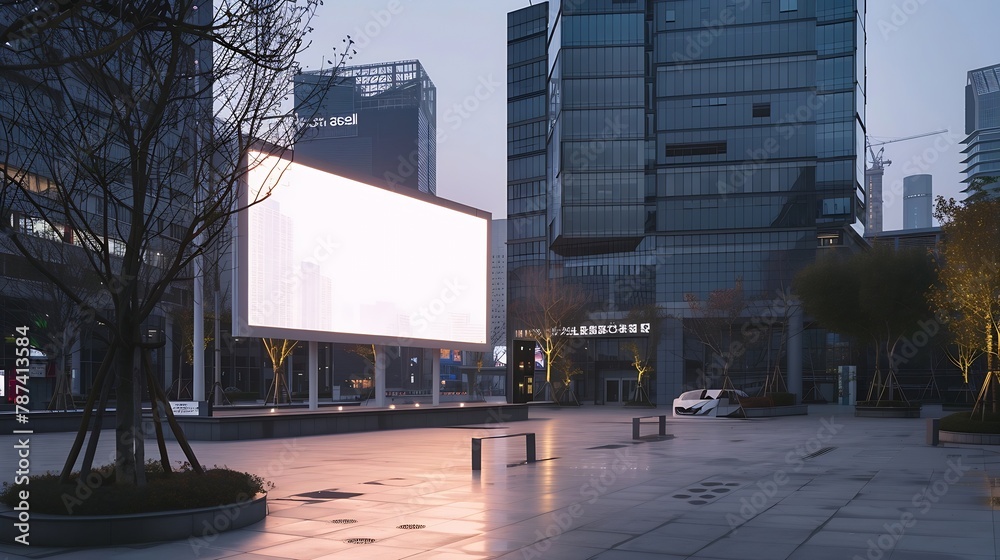 Naklejka premium Blank white advertising billboard in front of modern office buildings : Generative AI