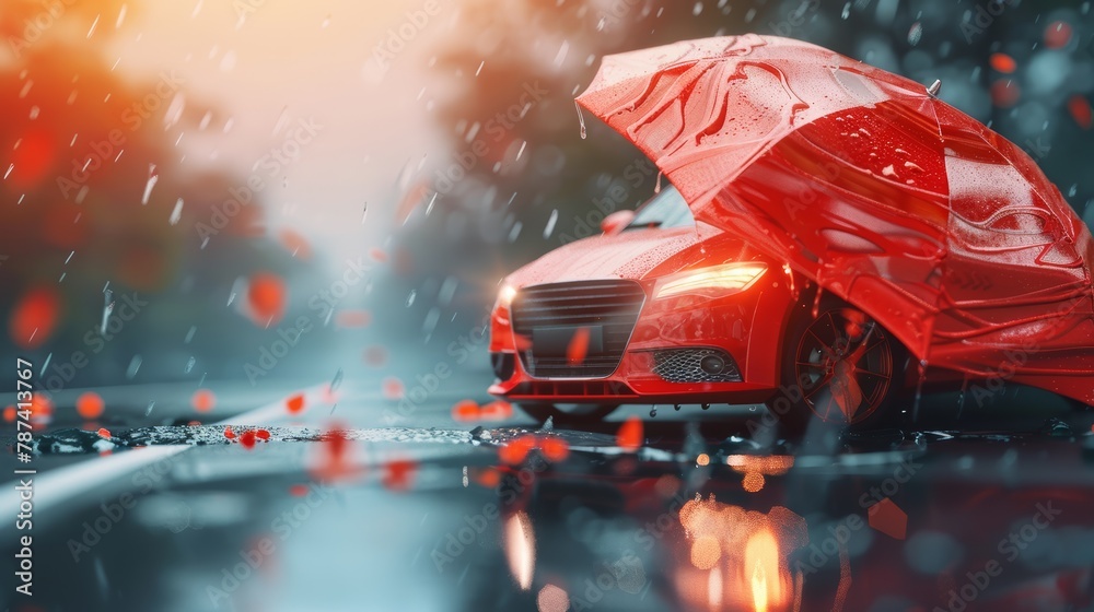 Red car with open umbrella in rain. Safety and protection concept.