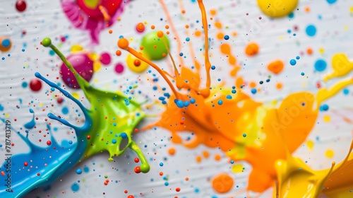 Explosion of multicolored paint splashes on a white background. Abstract and dynamic fluid art concept. Design for creative poster, vibrant wallpaper, or art workshop advertisement