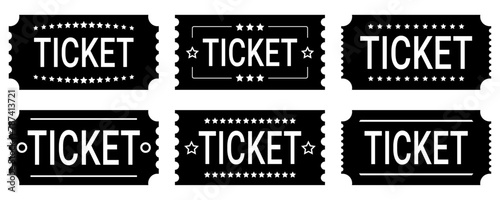 Set of black tickets, templates, icons isolated on white background, vector.