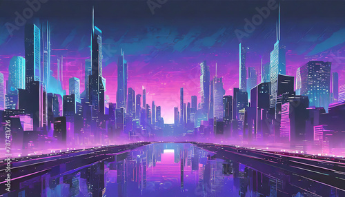 night futuristic skyline blue and pink synthwave style with buildings and water reflection
