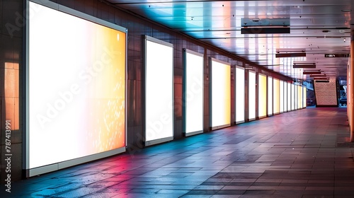 OOH  Multiple blank vertical mockups of white panels advertising billboard poster templates in a long tunnel walkway outofhome media display space mockup in pedestrian linkway digital  : Generative AI photo