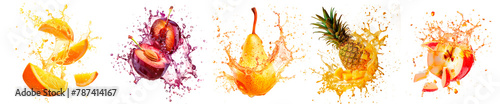 Fruit explosion, slices and splashes of fruit fly in different directions, isolated on transparent background. Plum, orange, pear, pineapple, apple explode and fall into pieces with juice splashing. photo