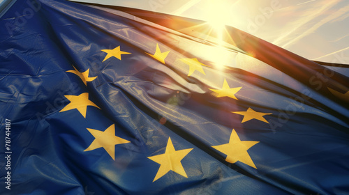 European Union Flag Waving in Bright Sunlight photo
