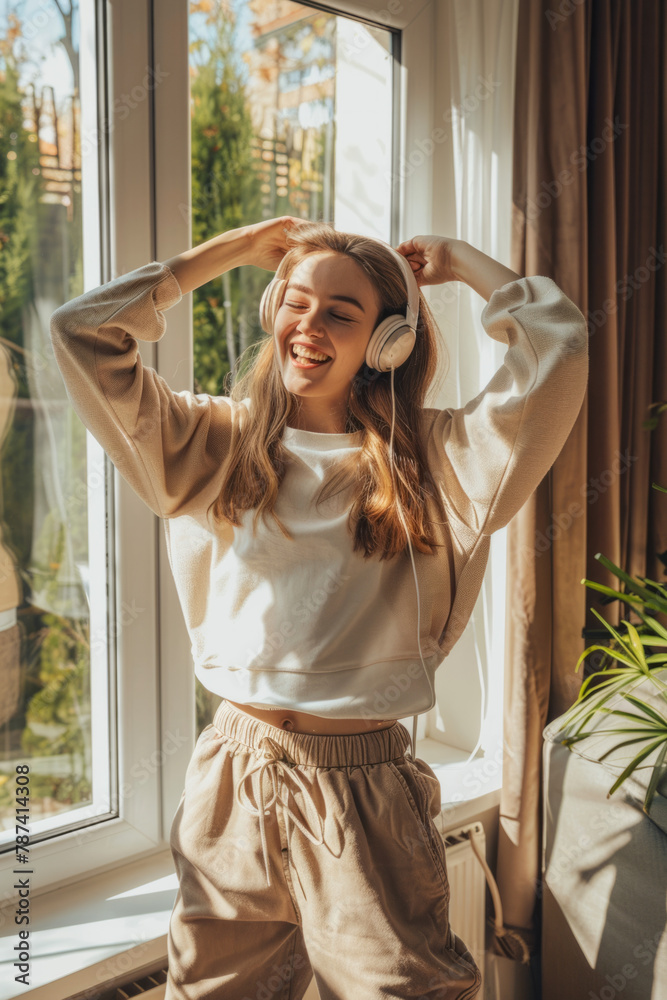 Joyful young female with headphones