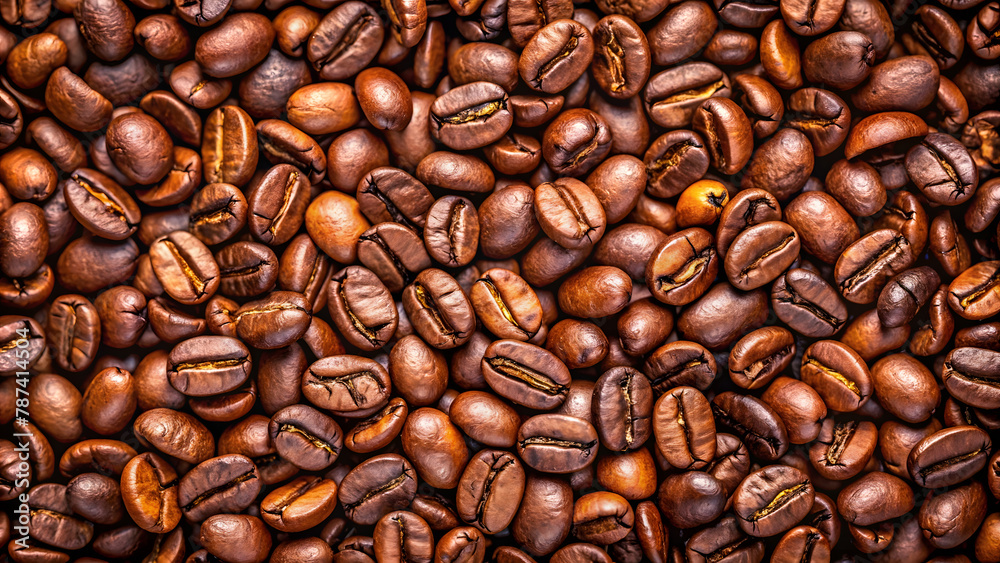 Fototapeta premium Roasted coffee beans on full frame background. Close-up