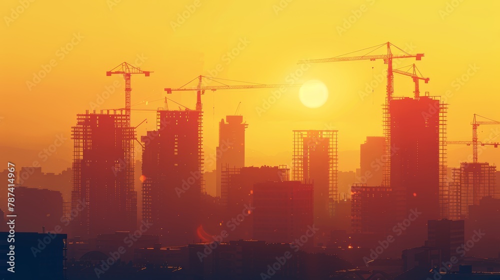 Sunset silhouette of construction cranes and developing skyline.