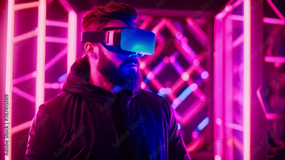 Model young man with beard in glasses of virtual reality on dark background.. Augmented reality, science, future technology concept. VR. Futuristic 3d glasses with virtual projection. Neon light. 4k Model young man with beard in glasses of virtual reality on dark background.. Augmented reality, science, future technology concept. VR. Futuristic 3d glasses with virtual projection. Neon light. 4k