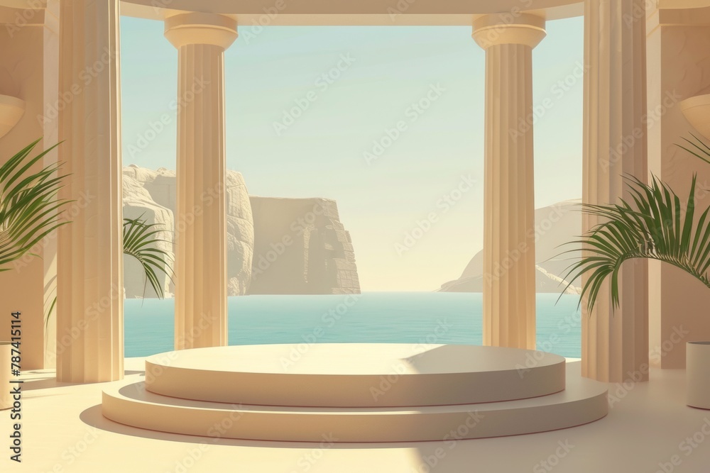 An elegant marble podium framed by classic columns, perfect for highlighting luxury goods with a view of the serene Grecian coast.