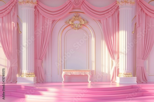 A stunning pink palace-inspired podium, perfect for showcasing luxury goods or hosting royal-themed events.