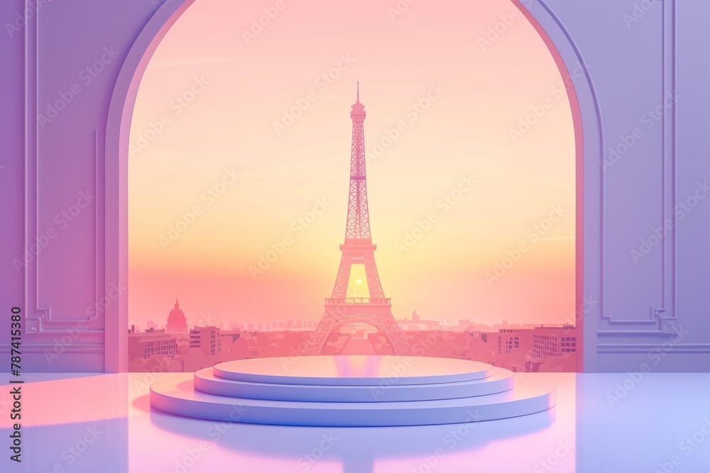 Empty podium with background of the Eiffel Tower in Paris, twilight ambiance