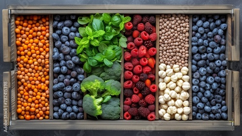 a wooden tray filled with different types of fruits and vegetables