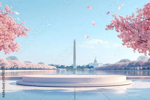 Celebrate cherry blossom season with this stunning podium, set against a backdrop of iconic monuments, for a culturally rich product presentation.
 photo