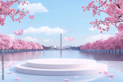 Celebrate cherry blossom season with this stunning podium  set against a backdrop of iconic monuments  for a culturally rich product presentation. 