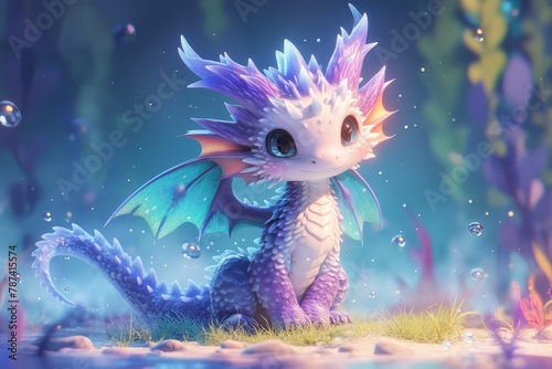A cute little dragon with purple and green scales, sitting on the grass in front of an underwater background,with colorful spiky hair. 