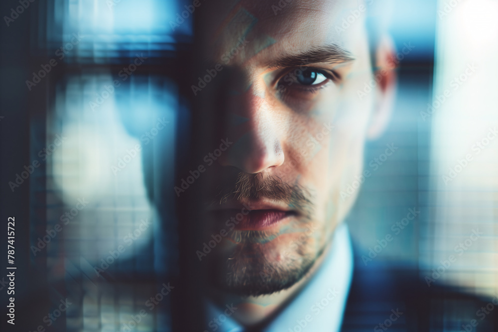Intense gaze of a young businessman through a textured glass window Intense gaze of a young businessman through a textured glass window