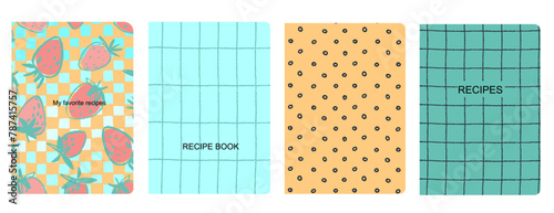 Cover page vector templates for recipe books based on seamless patterns with hand drawn apples, pears, plums. Cookery books cover layout. Healthy fruit, vegan food concept