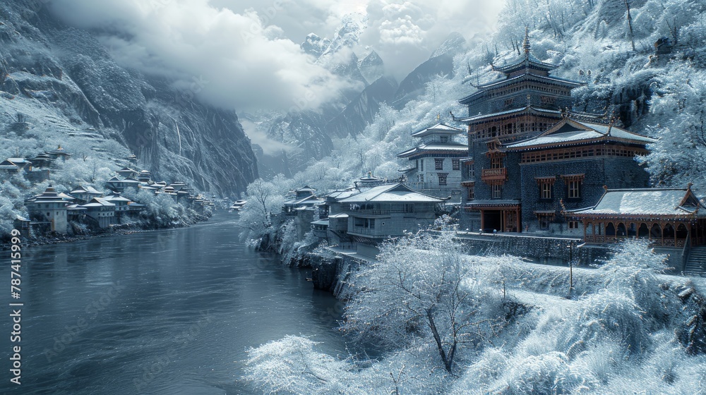 Chinese landscape with a Buddhist temple Chinese landscape with a Buddhist temple