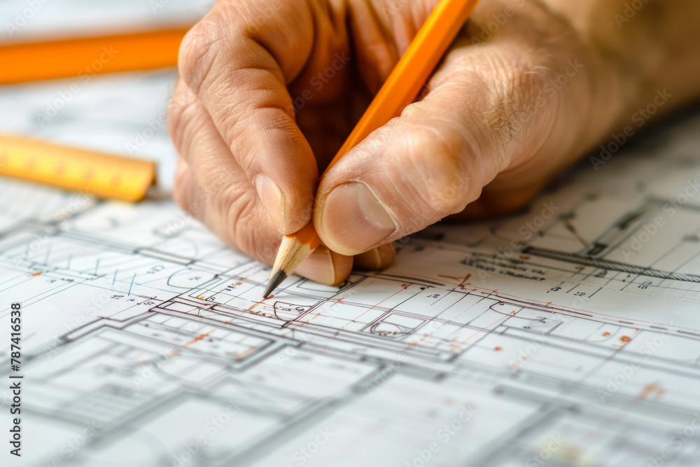 Professional sketching a residential blueprint using a carpentry pencil Professional sketching a residential blueprint using a carpentry pencil