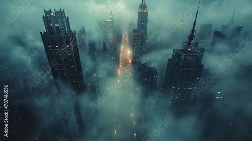 skyscrapers in the fog