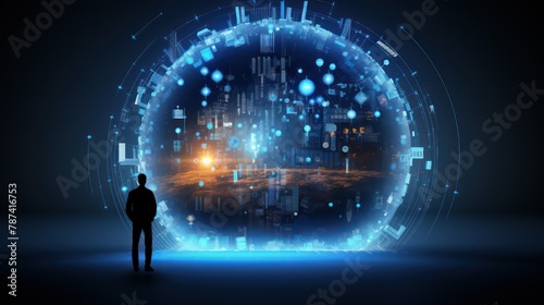 Businessman standing in front of a glowing sphere with binary code and data