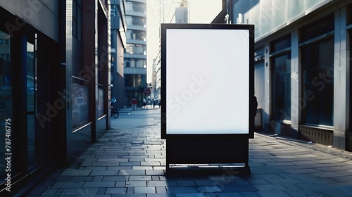 Mockup of the blank white street city outdoor advertising square billboard in black frame on sidewalk : Generative AI
