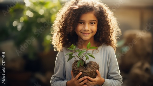 Cute little girl holding green plant in her hands and smiling under sunshine