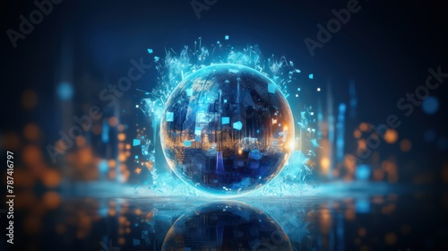 Futuristic city with glowing sphere.