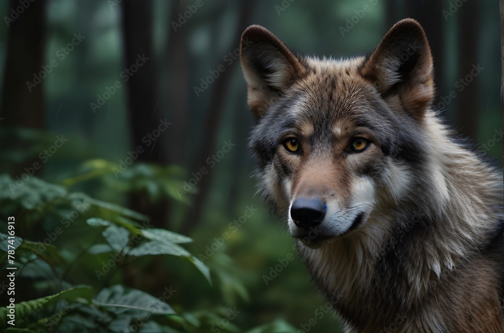 Illustration of a concentrated wild wolf looking at the camera in the rain in a leafy forest. Generative AI
