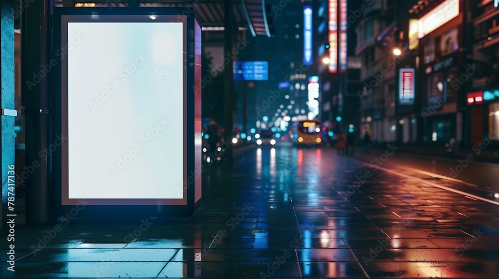 Mock up of blank white vertical light box on a bus stop in a city at night : Generative AI