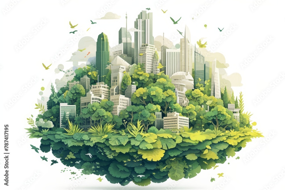 A green circular papercut art piece depicting an urban cityscape with buildings, trees and plants, symbolizing the concept of environmental protection for World Wildlife Day. 