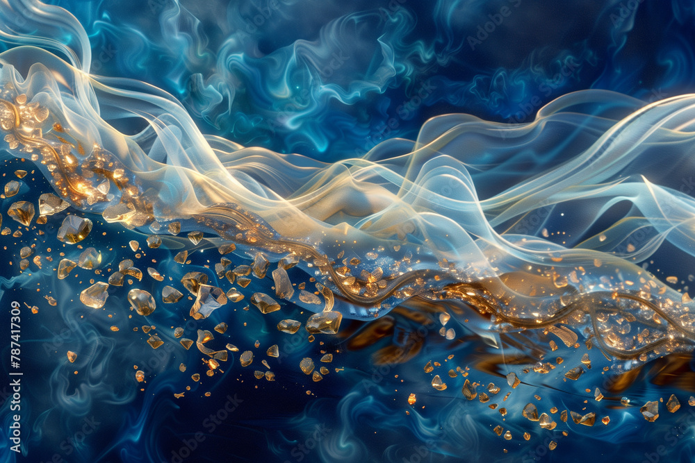 Fototapeta premium waves of flowing citrine stones on blue and misty background