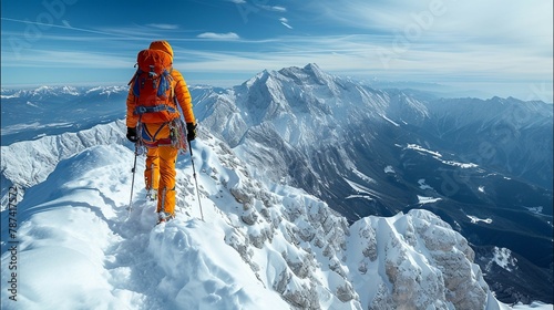 A mountaineer reaching the summit, with the vast mountain landscape in the background. AI generate illustration