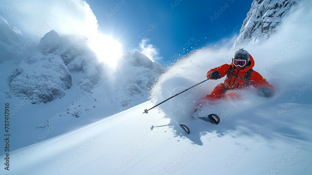 Skier against the backdrop of a vast mountain vista. AI generate illustration