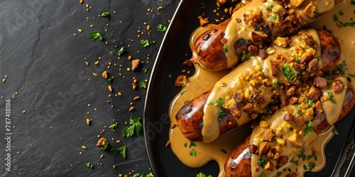 Grilled sausages oozing with cheese and sprinkled with herbs and crunchy toppings on a slate board photo