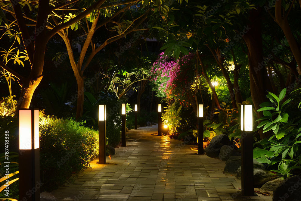 Fototapeta premium garden illuminated with light posts, outdoor landscape lighting (1)