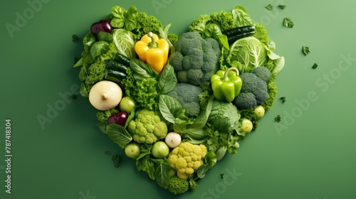 Heart made of fresh vegetables on green background. Healthy food concept.