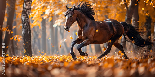 Black horse galloping in green field under the setting sun Majestic and confident with trees background
