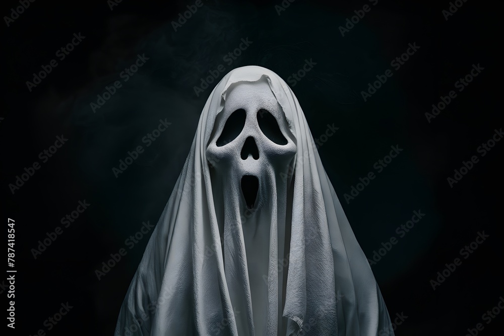 Ghost covered in white cloth, shrouded in darkness, ambiguous symbolism Ghost covered in white cloth, shrouded in darkness, ambiguous symbolism