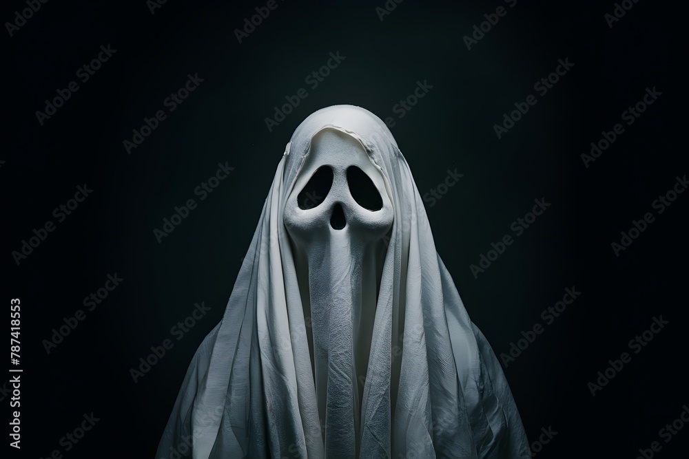 Ghost covered in white cloth, shrouded in darkness, ambiguous symbolism Ghost covered in white cloth, shrouded in darkness, ambiguous symbolism