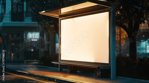 bus shelter with blank ad panel billboard display empty white lightbox sign at bus stop billboard mockup glass structure city transit station urban street park setting outdoor advertis : Generative AI