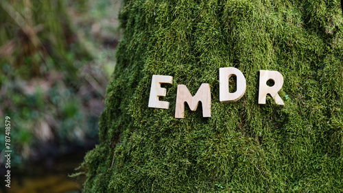 Wooden letters EMDR on mossy tree forest background. Eye Movement Desensitization and Reprocessing psychotherapy treatment concept.