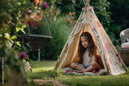 girl playing in her wigwam in the garden, childhood outdoor fun photo