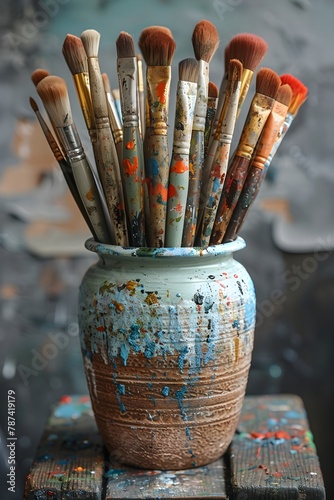Malerset oder Pinselset | Benutzte Pinsel die in einer bemalten Tonvase auf einem kleinen Holztisch stehen photo
