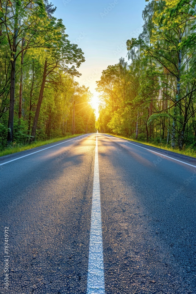 Fototapeta premium A road with a white line down the middle and trees on either side
