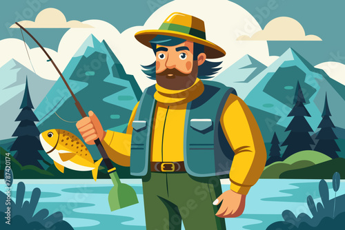 Meet our rugged angler sporting a black winter hat and a green tee, he's ready for the catch of the day! Adorned in yellow trousers with suspenders, this fisherman 