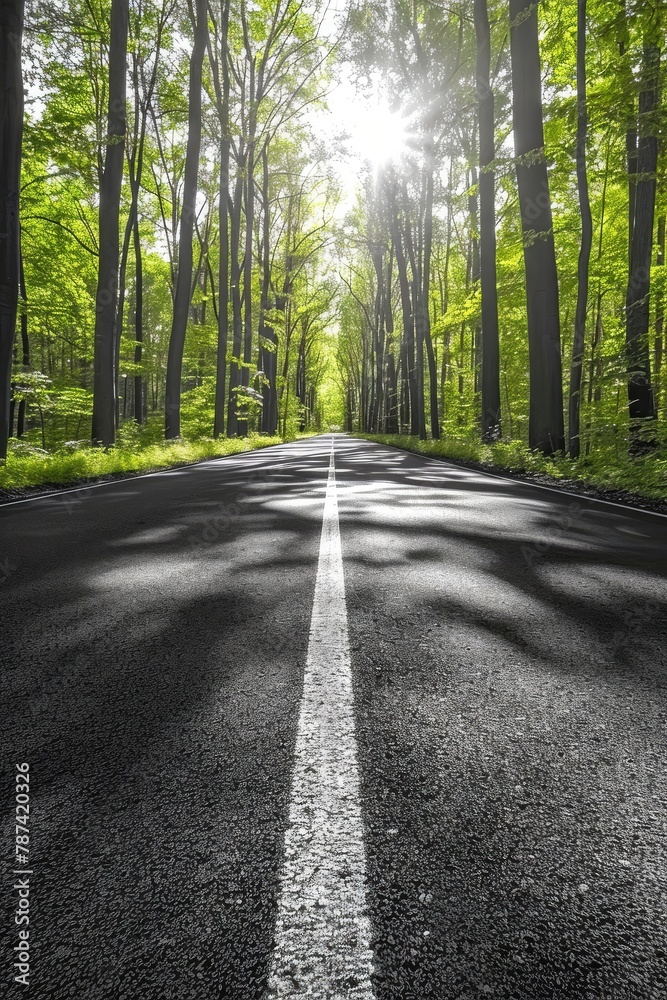 A road with a white line down the middle and trees on either side A road with a white line down the middle and trees on either side
